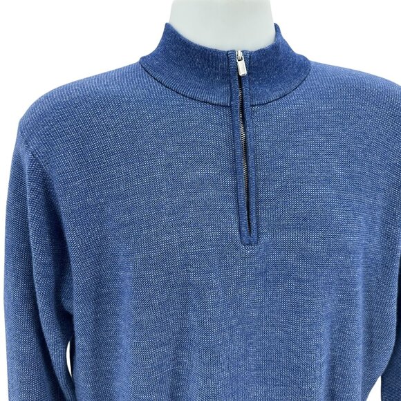 Peter Millar Mens Large Sweater Merino Wool 1/4 Zip Blue Mock Neck Knit - Picture 2 of 6
